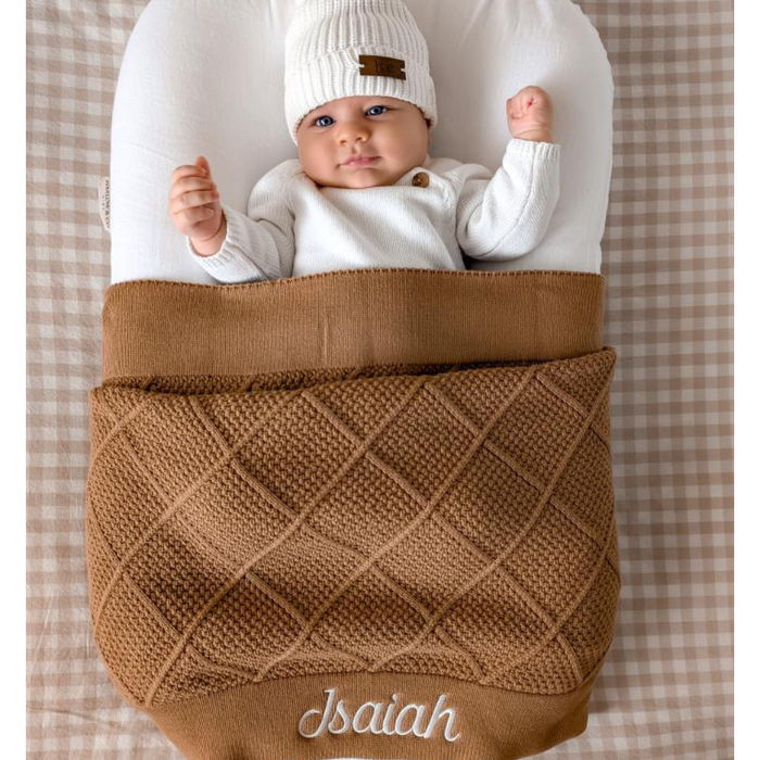 Personalised Baby Blankets Australia brown beige diamond knit blanket with name on bottom