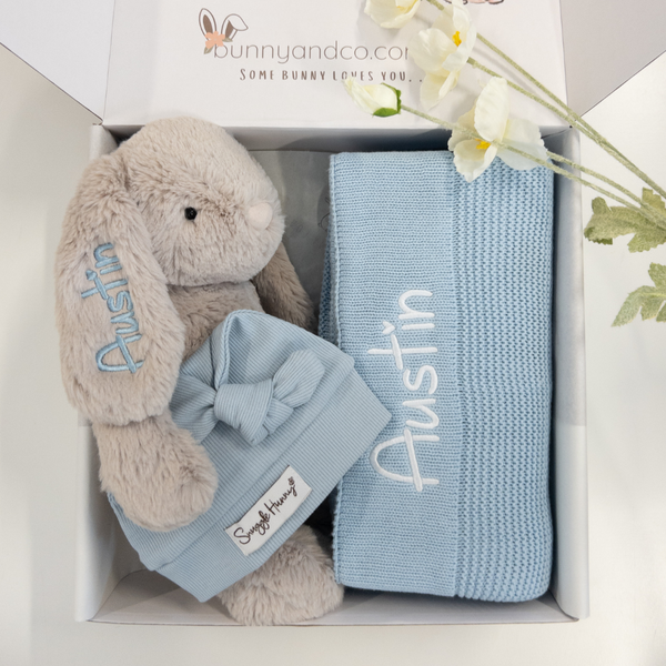 Personalised Blue Knit Blanket & Beige Bunny Gift Hamper