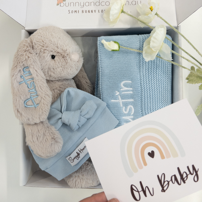 Personalised Blue Knit Blanket & Beige Bunny Gift Hamper