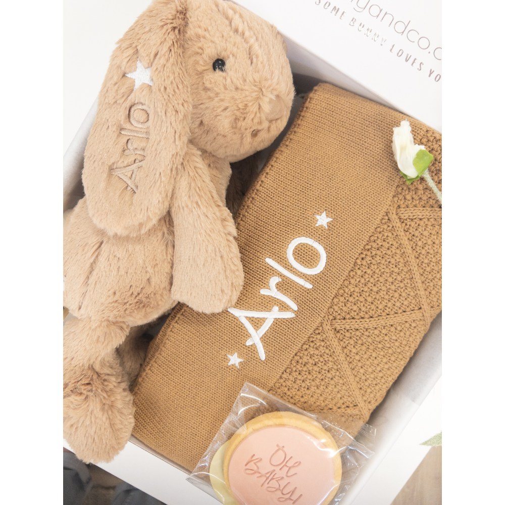 SAME-DAY Personalised Diamond Knit Blanket & Bunny Gift Box - Caramel
