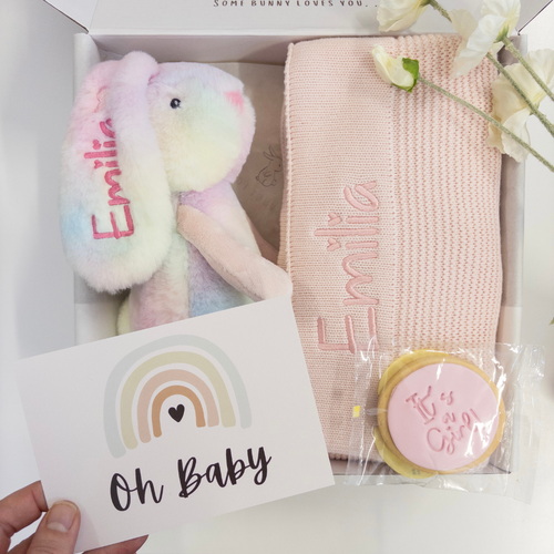 Baby gift set with personalised  bunny teddy, personalised baby blanket, and card in a box Perth Australia