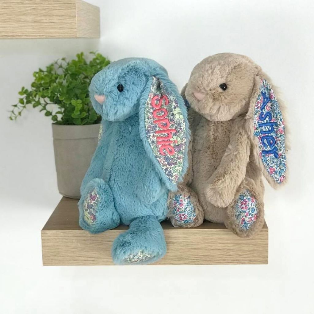 Personalised jellycat bunny aqua blossom and beige flowers name on ears