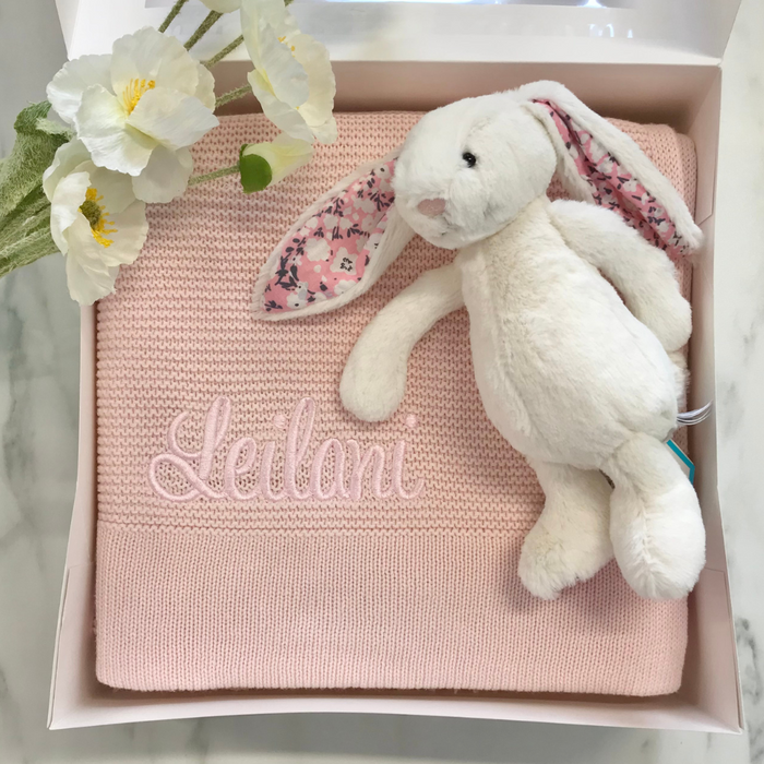 Personalised Small Cherry Blossom Jellycat Bunny & Pink Blanket Gift Hamper