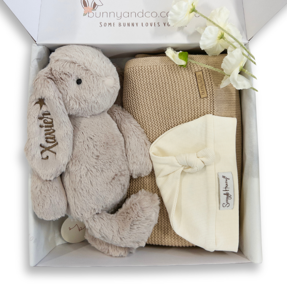 Personalised Beige Snuggle Bunny & Beige Knit Blanket Gift Set