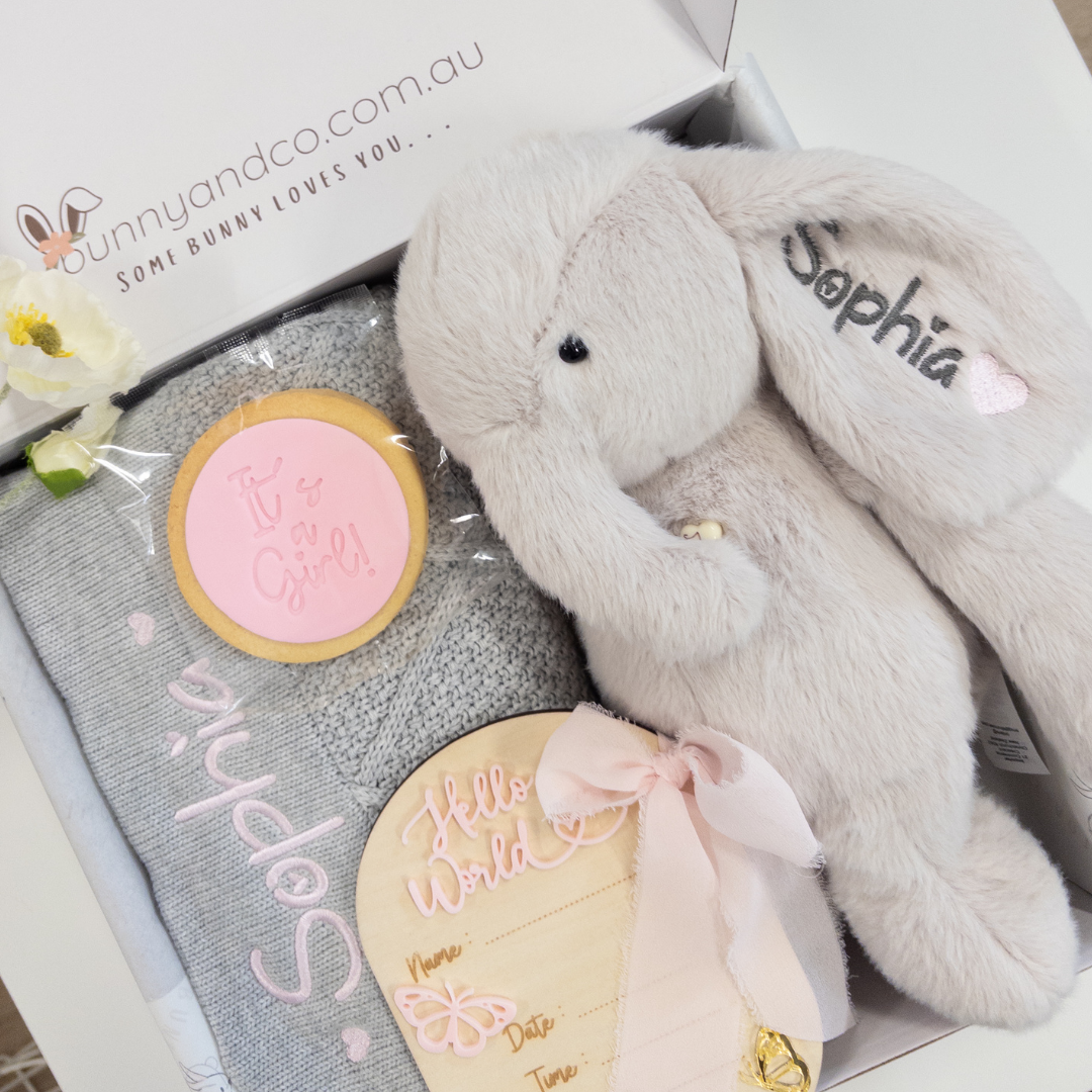 Personalised Grey Diamond Knit Blanket & Elephant Baby Hamper - Baby Girl