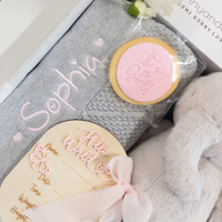 Personalised Grey Diamond Knit Blanket & Elephant Baby Hamper - Baby Girl