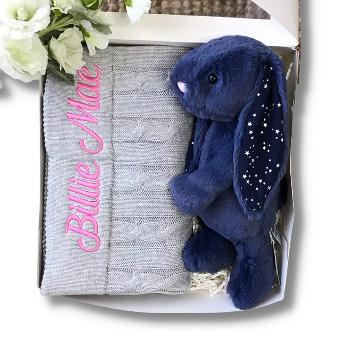 Personalised Stardust Jellycat Bunny & Grey Cable Knit Blanket