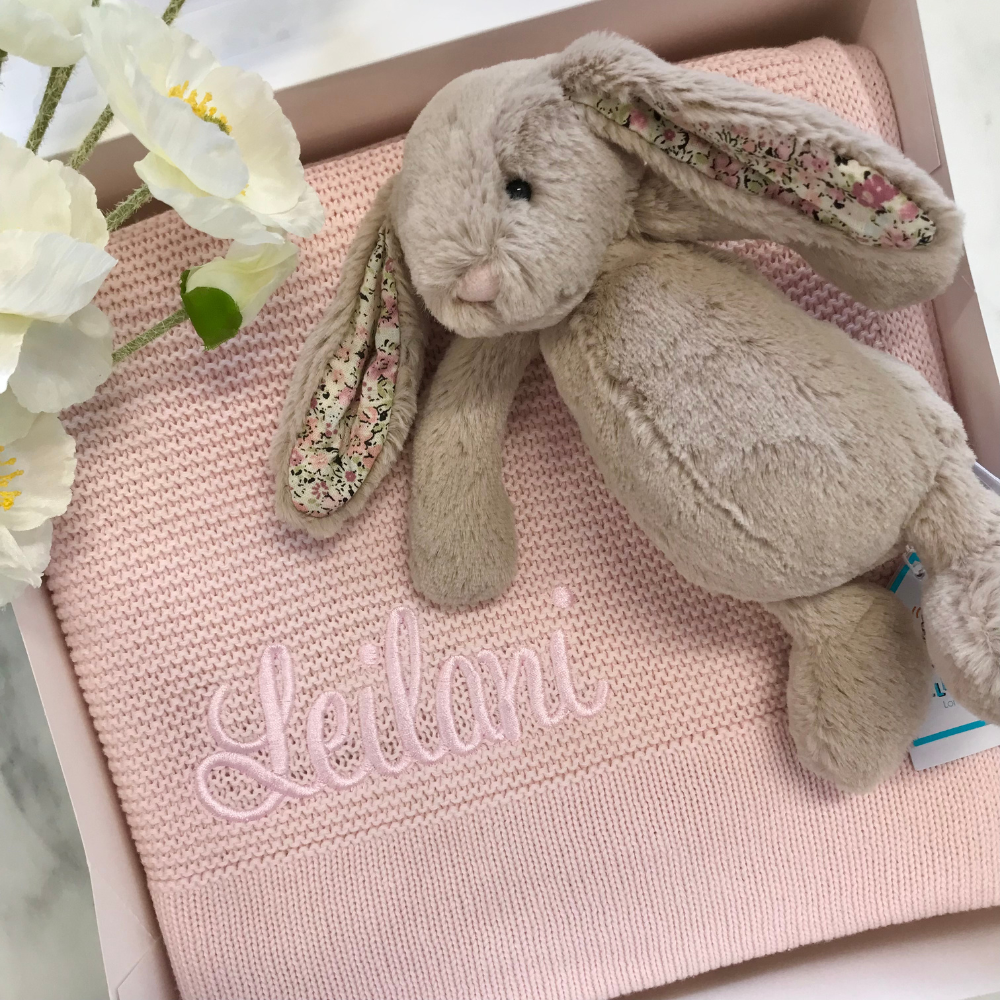 Personalised Light Pink Blanket & Small Jellycat Bunny Gift Hamper