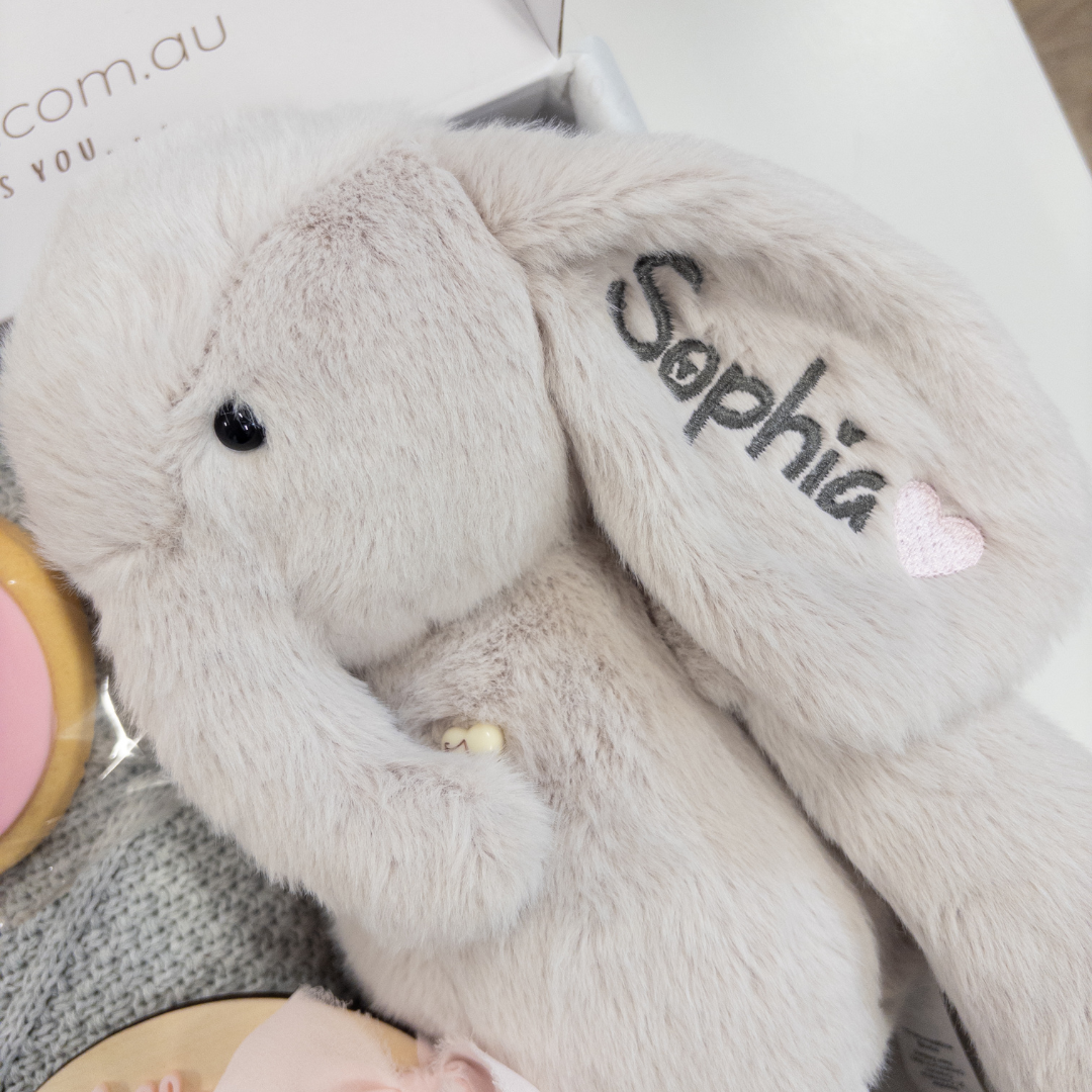 Personalised Grey Diamond Knit Blanket & Elephant Baby Hamper - Baby Girl