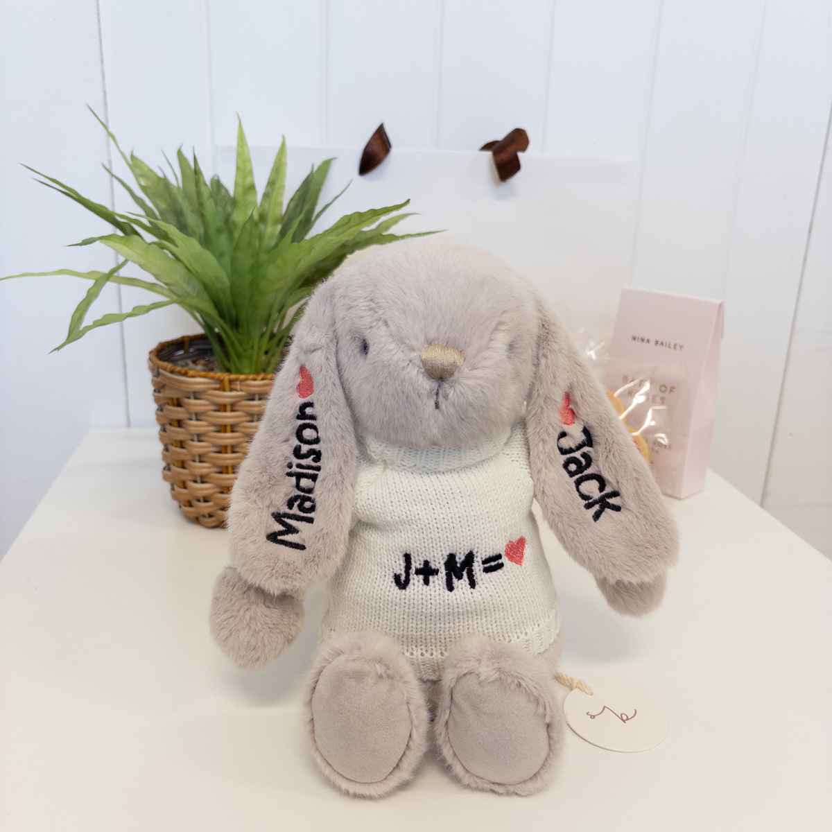 Valentines Day Gift - Personalised Snuggle Bunnies & Jumper - Beige