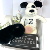 Personalised Jellycat Puppy & Eye Mask Newborn Gift Set