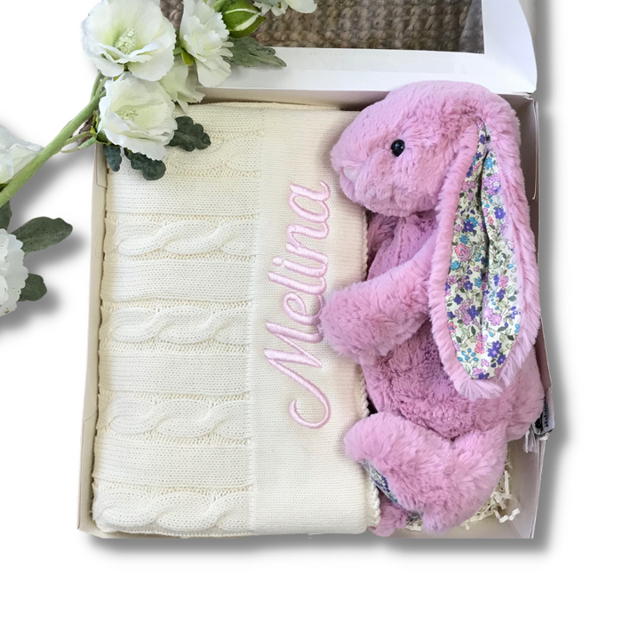 Personalised Tulip Blossom Jellycat Bunny & Cream Cable Knit Blanket