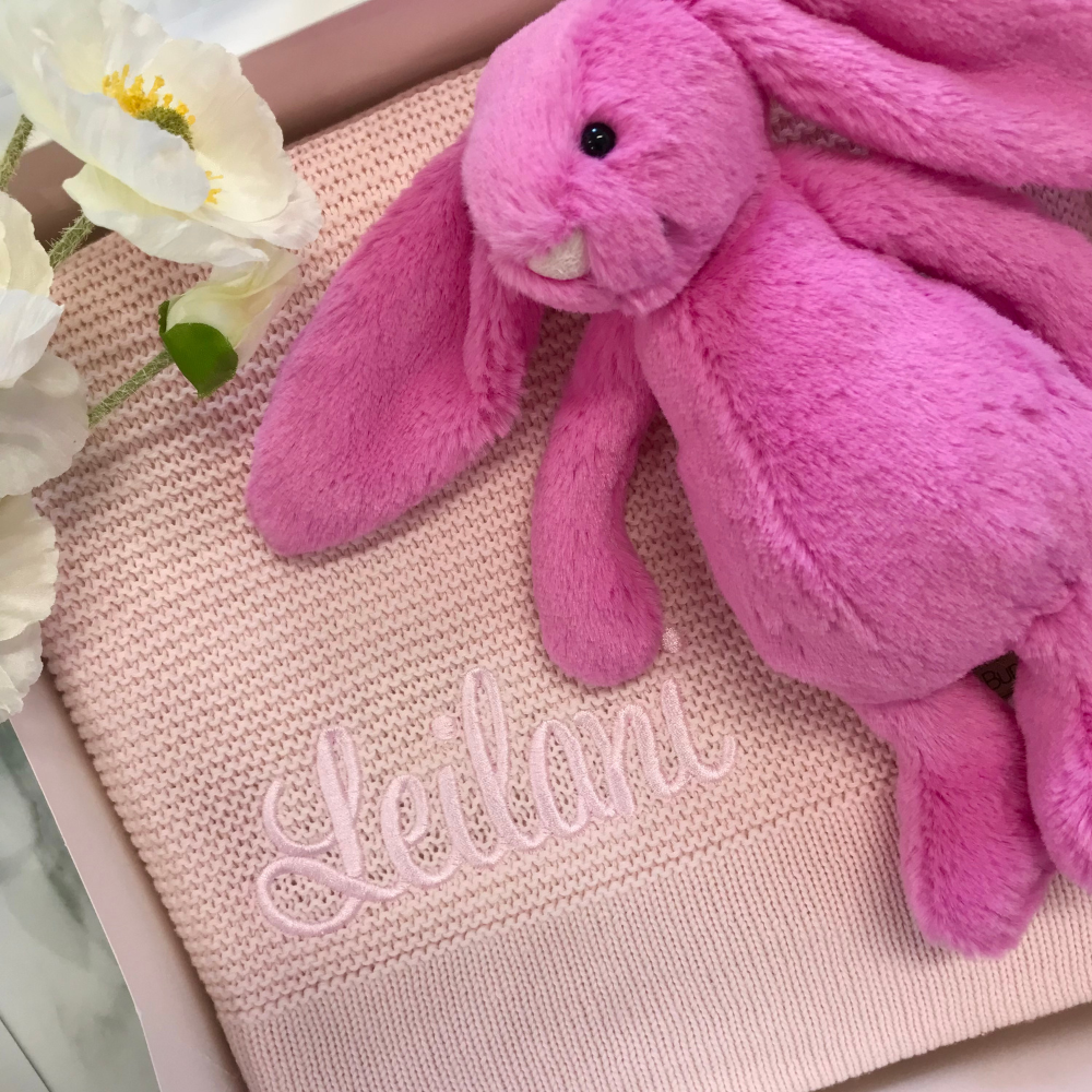 Personalised Light Pink Blanket & Small Jellycat Bunny Gift Hamper