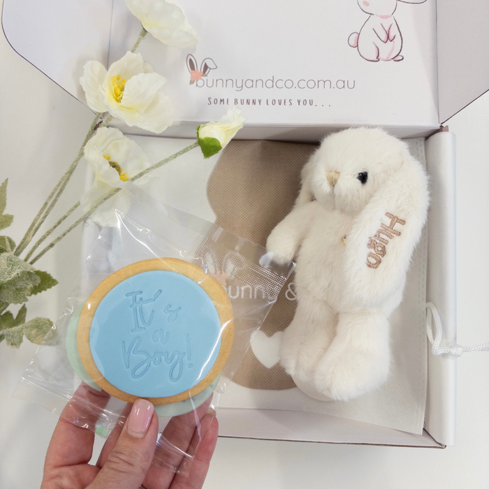 Personalised Baby Boy Snuggle & Treat Box - Marshmallow Snuggle Bunnies