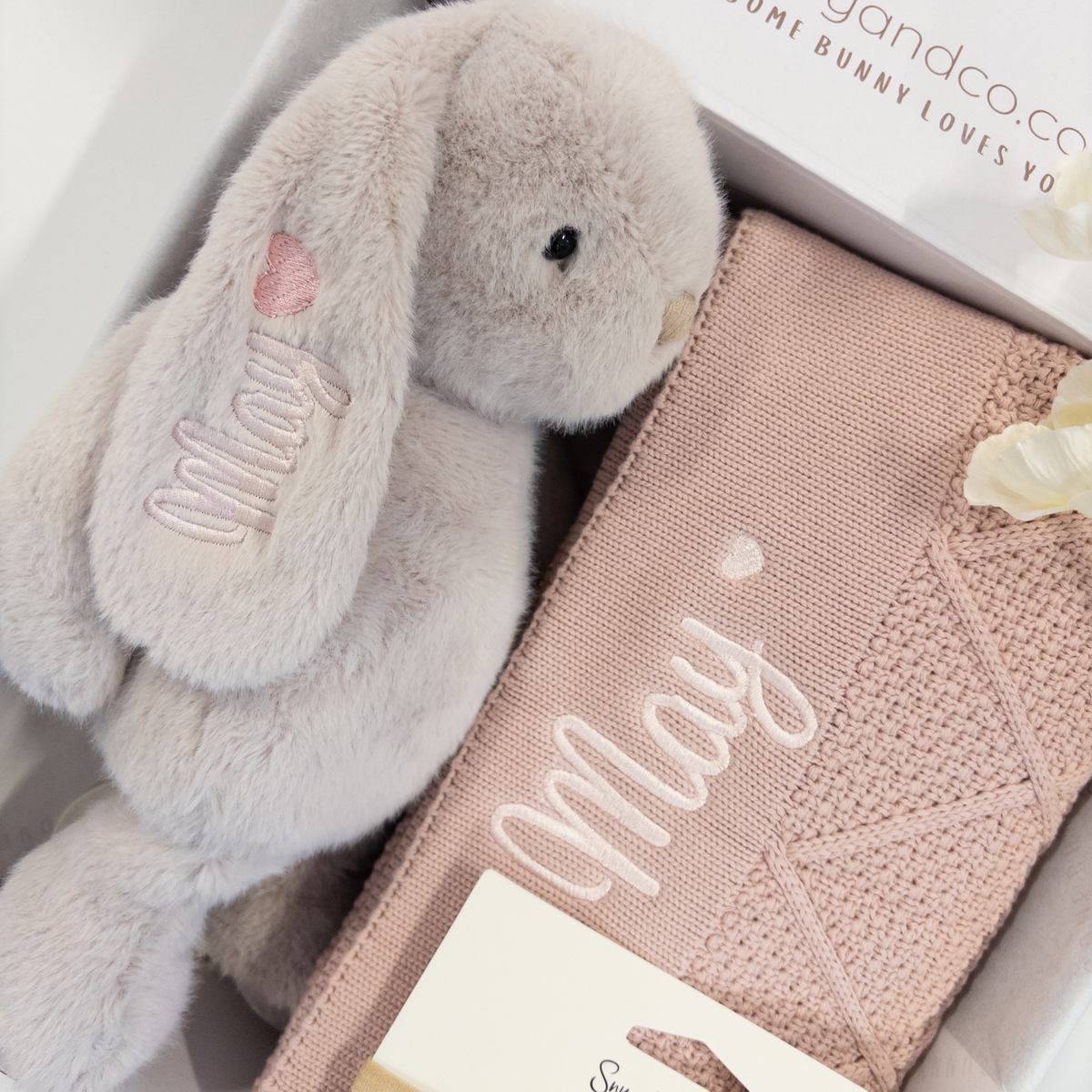 Personalised Beige Bunny & Rosewater Diamond Knit Blanket Baby Hamper
