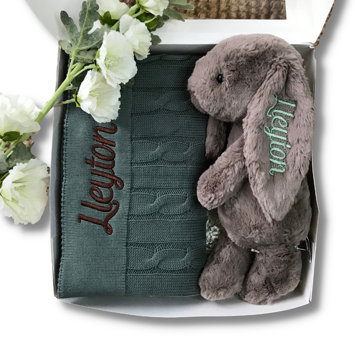 Personalised Truffle Jellycat Bunny & Olive Cable Knit Blanket