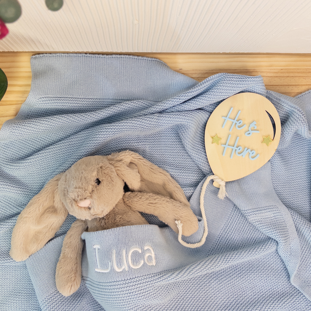 Birth Announcement Plaque - Wooden 'He's Here' Balloon