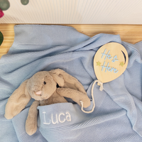 Birth Announcement Plaque - Wooden 'He's Here' Balloon