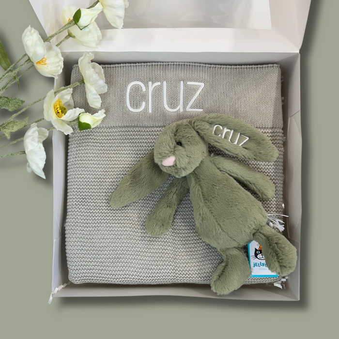 Personalised Stone Blanket & Small Fern Jellycat Bunny Gift Hamper