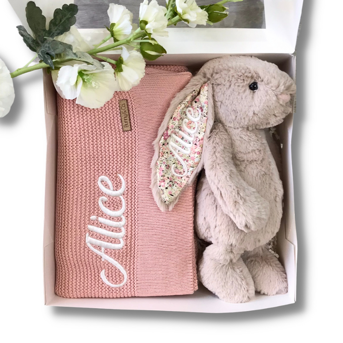 Personalised Bea Beige Blossom Jellycat Bunny & Pink Blanket Gift Set