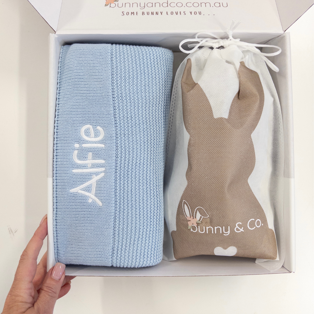 Personalised Bunny & Blanket Gift Hamper - Silver & Blue