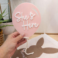 Birth Announcement Plaque - 'She's Here' Balloon - Pink