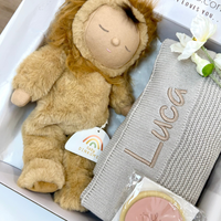 Personalised Stone Knit Blanket & Cozy Dinkum Gift Hamper - Lion Pip