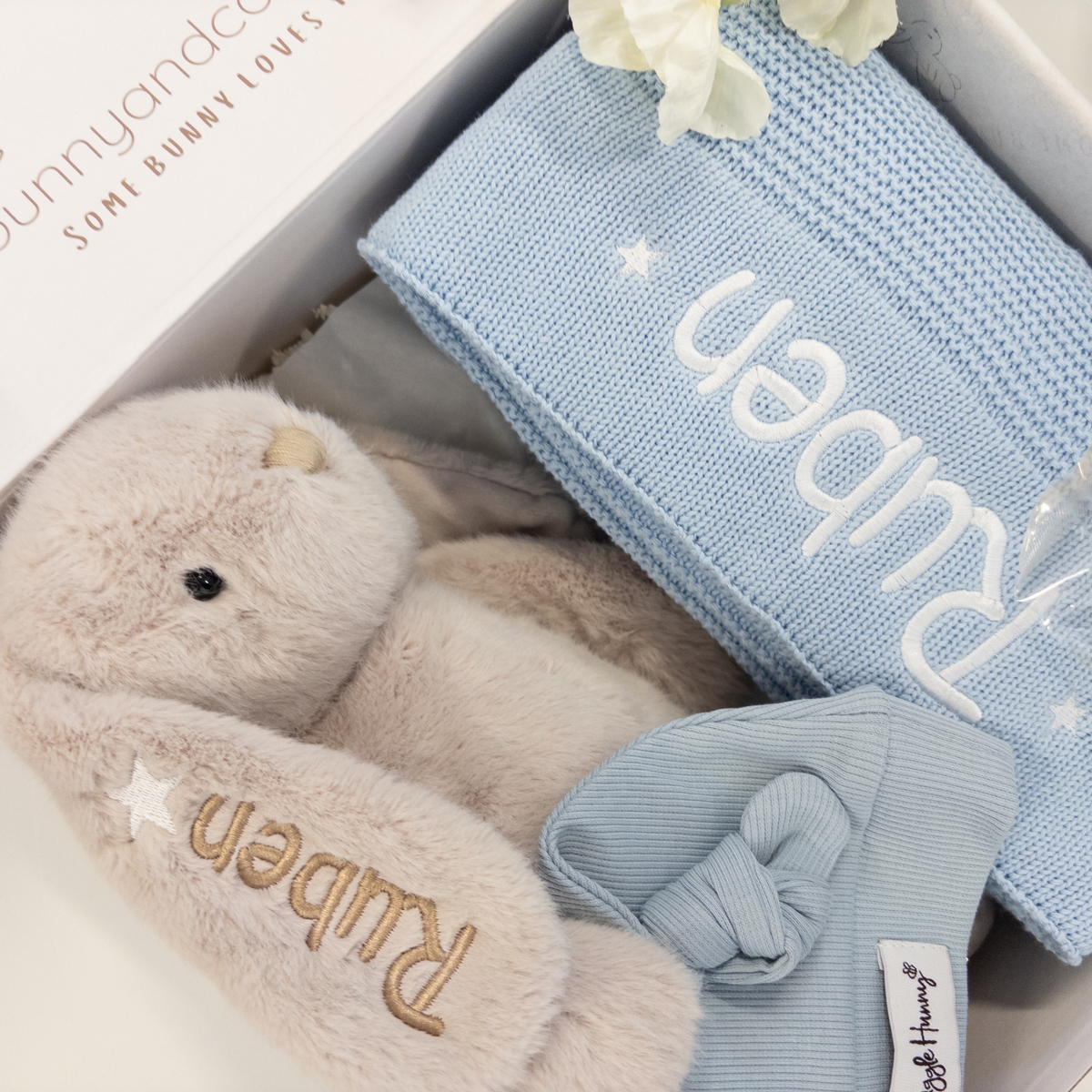SAME-DAY Personalised Blue Knit Blanket & Beige Bunny Gift Hamper