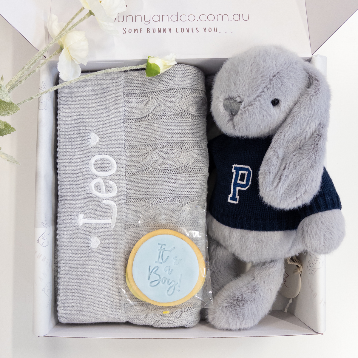 SAME-DAY Silver Bunny & Grey Cable Knit Blanket Baby Hamper