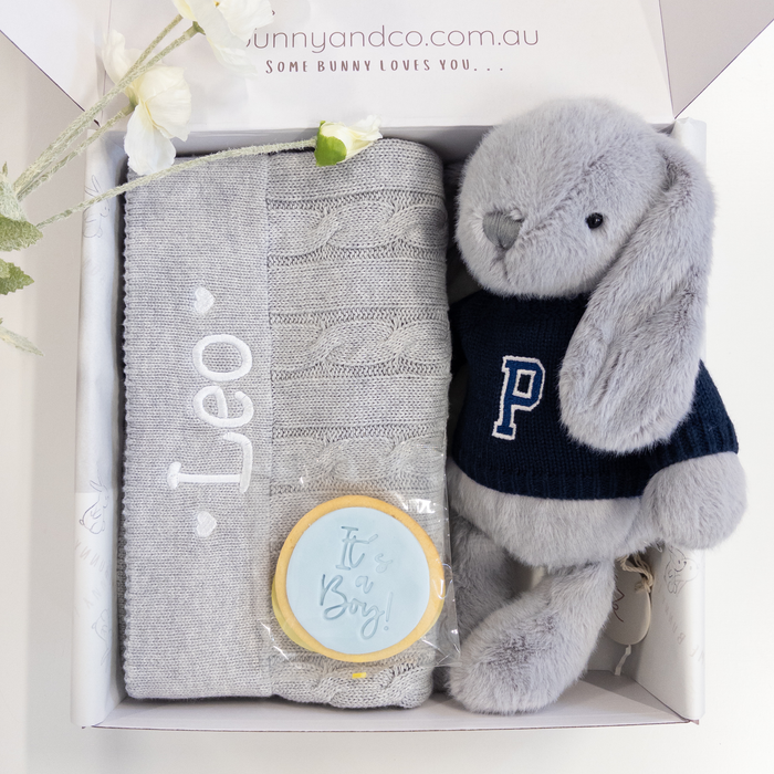 Personalised Silver Bunny & Grey Cable Knit Blanket Baby Hamper