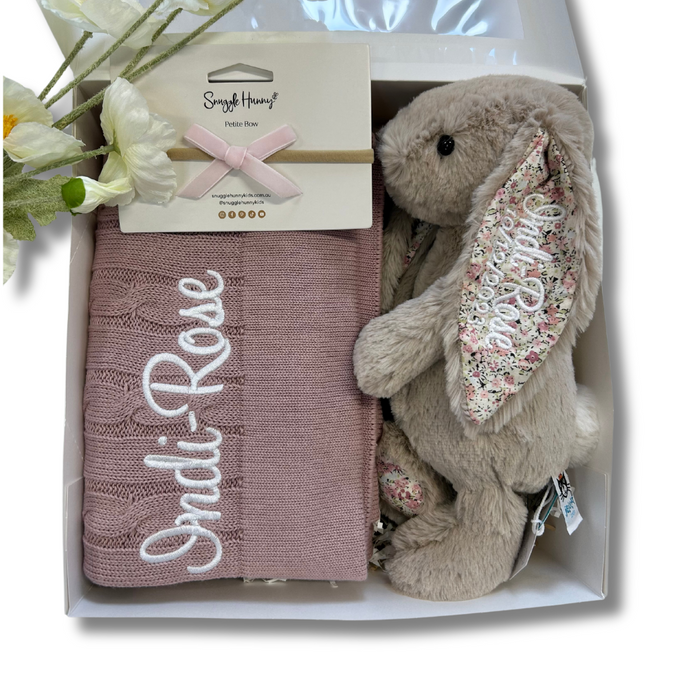 Personalised Bea Beige Blossom Jellycat Bunny & Mauve Cable Knit Blanket