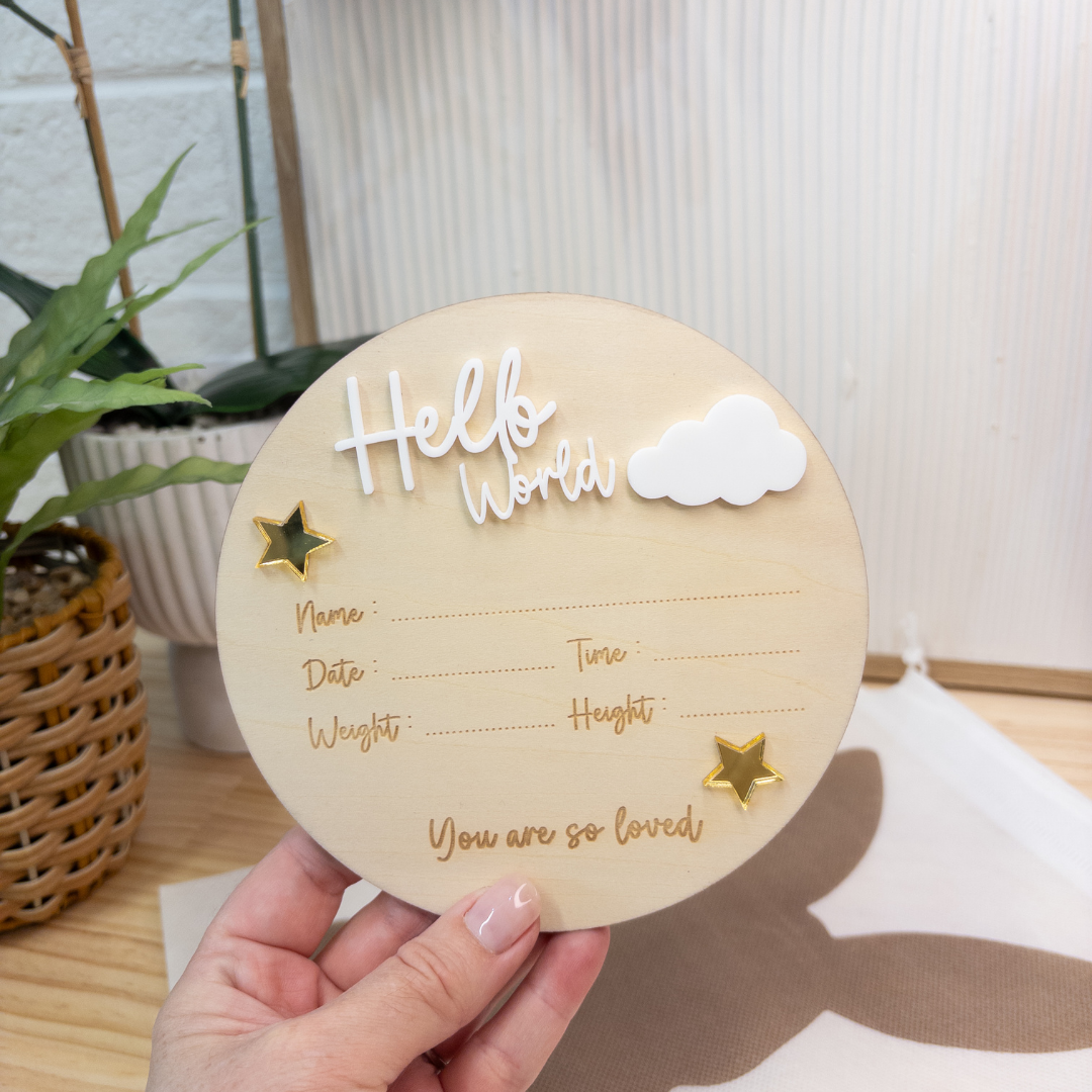 Birth Announcement Plaque - Hello World Round (14cm)