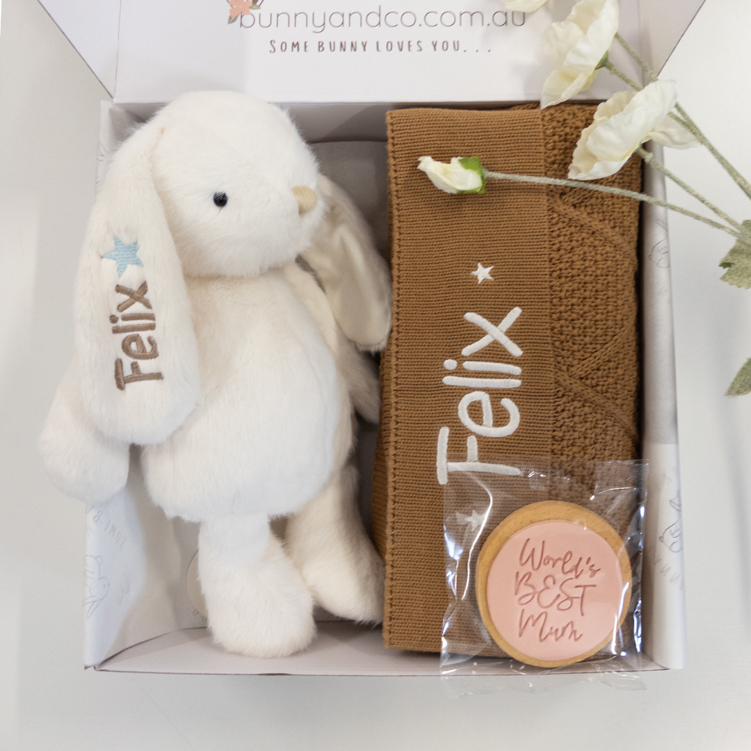 Personalised Diamond Knit Blanket & Bunny Hamper - Marshmallow Biscuit