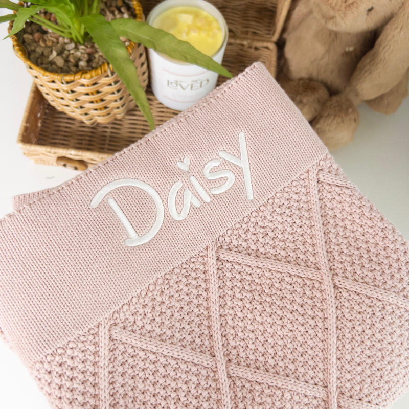 Personalised Diamond Knit Baby Blanket - Rosewater