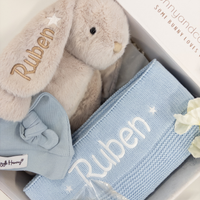 SAME-DAY Personalised Blue Knit Blanket & Beige Bunny Gift Hamper