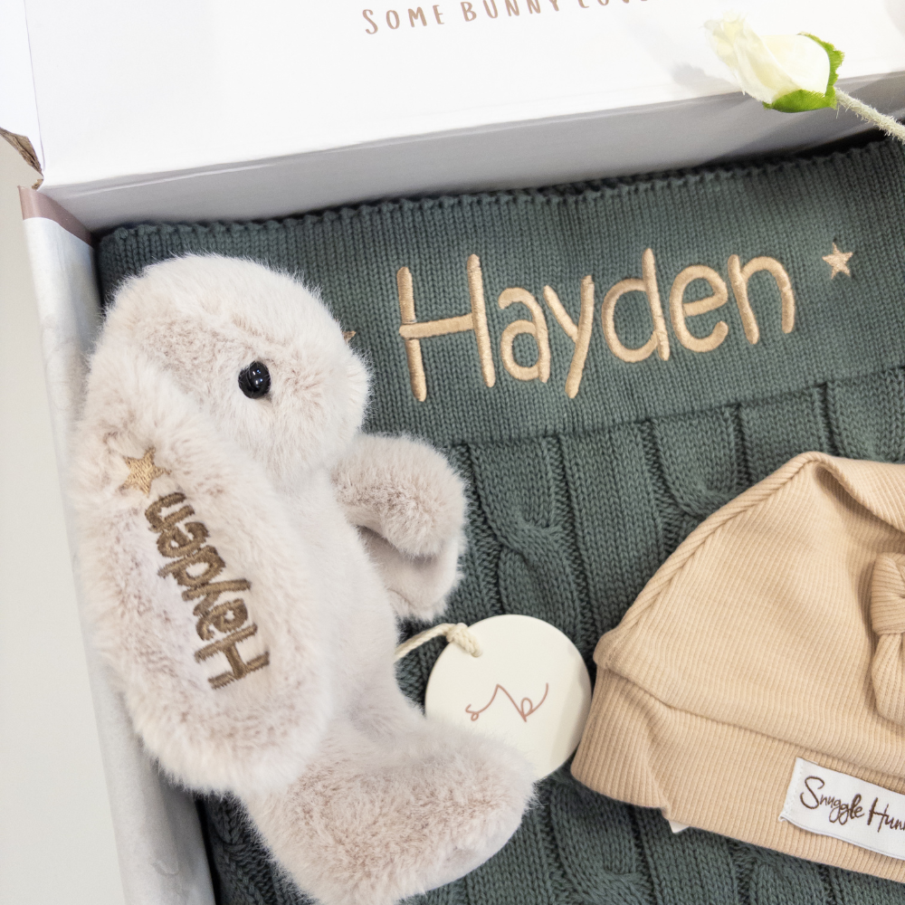 Personalised Bunny & Blanket Baby Hamper - Beige Forest