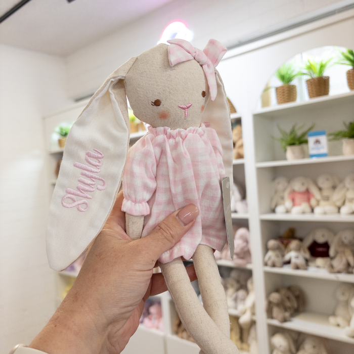 Personalised Alimrose Pink Gingham Pixie Bunny