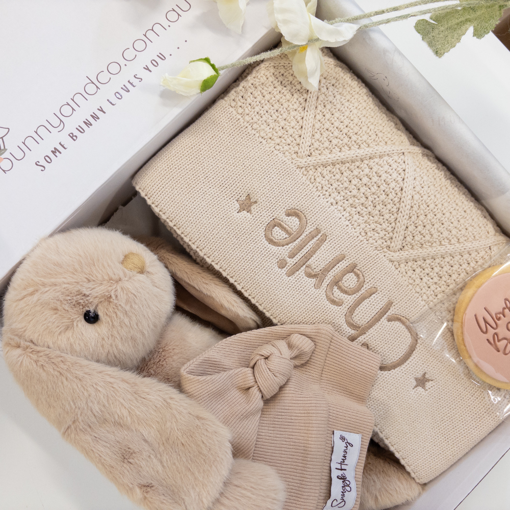 Personalised Caramel Bunny & Oatmeal Diamond Knit Blanket Baby Hamper