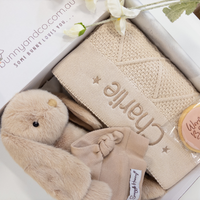 Personalised Caramel Bunny & Oatmeal Diamond Knit Blanket Baby Hamper