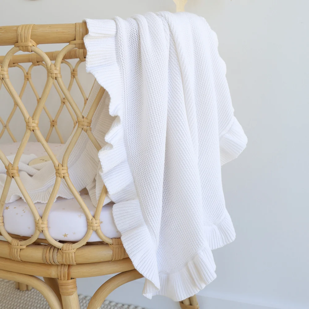 Snuggle Hunny Personalised Ruffle Knit Baby Blanket - White