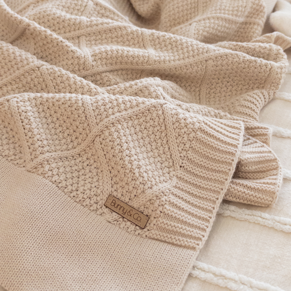 Personalised Marshmallow Bunny & Oatmeal Diamond Knit Blanket Baby Hamper