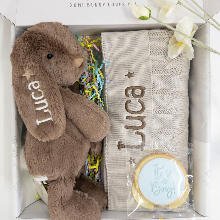 Personalised Spice Bunny & Stone Cable Knit Blanket Gift Hamper