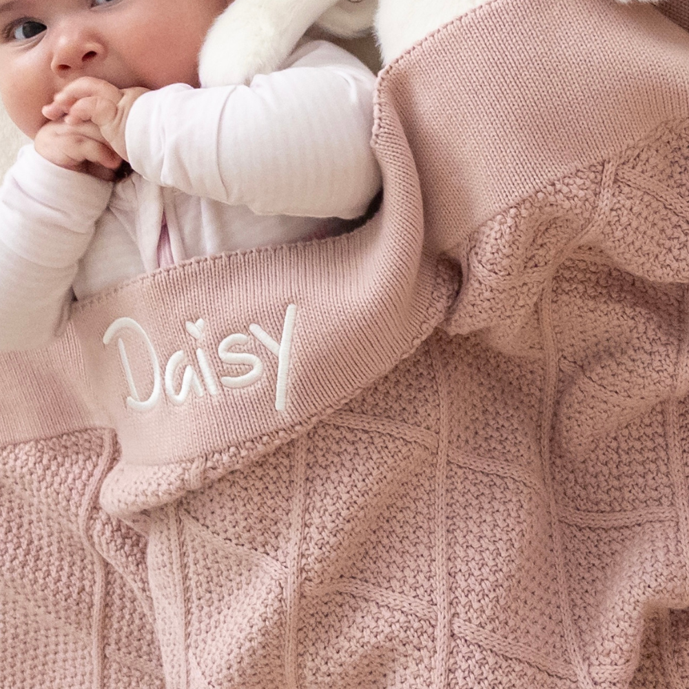 Personalised Beige Bunny & Rosewater Diamond Knit Blanket Baby Hamper