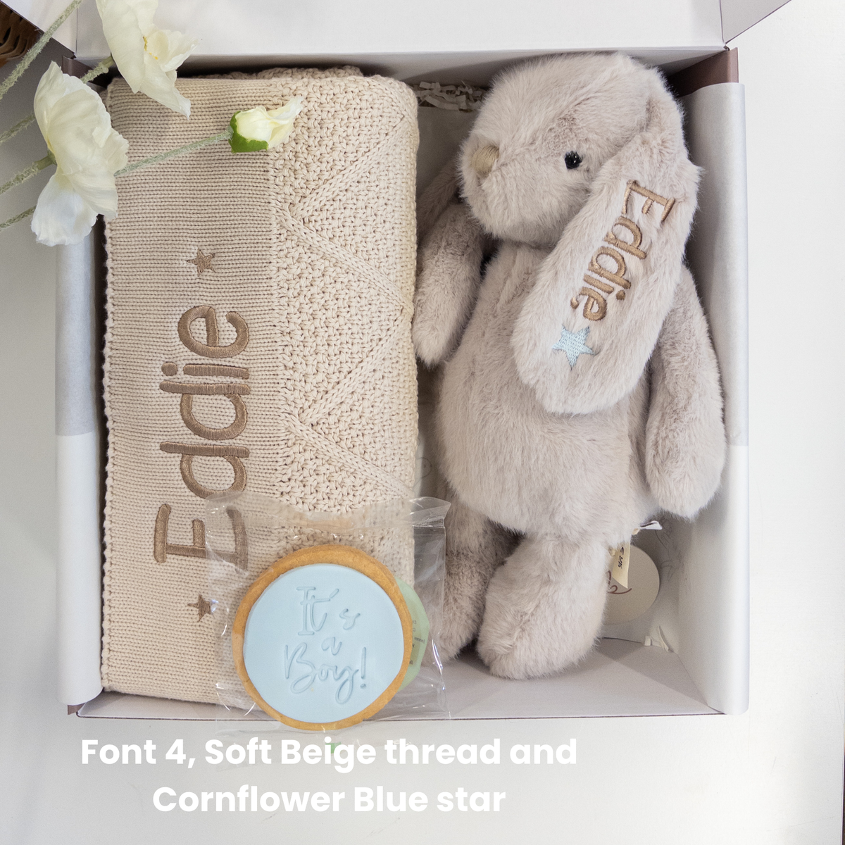 SAME-DAY Beige Bunny & Oatmeal Diamond Knit Blanket Baby Hamper