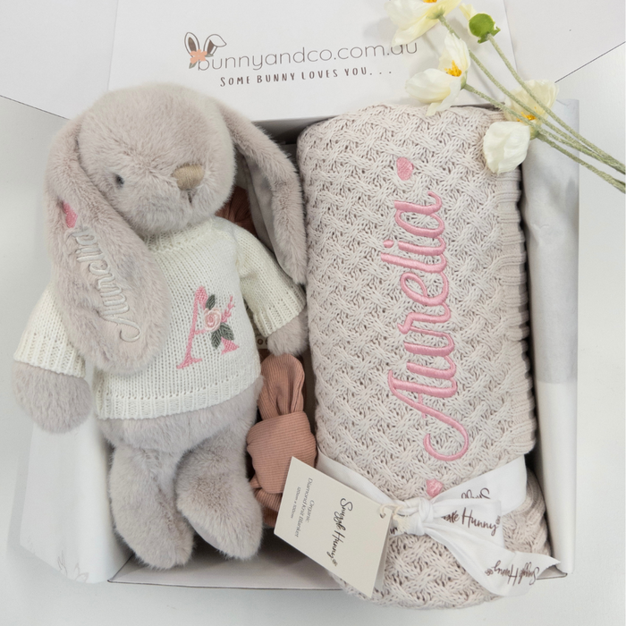 Personalised Snuggle Bunny & Blanket Gift Hamper - Warm Grey