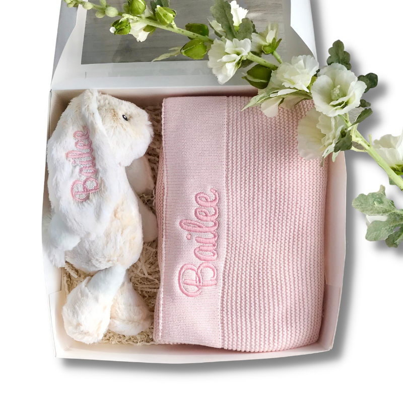 Personalised Newborn Gift Set - Small Cream Frankie Bunny & Light Pink Blanket