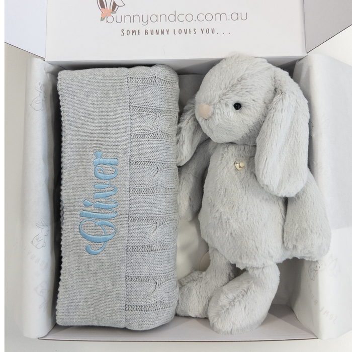 Personalised Moonbeam Snuggle Bunny & Grey Cable Knit Blanket