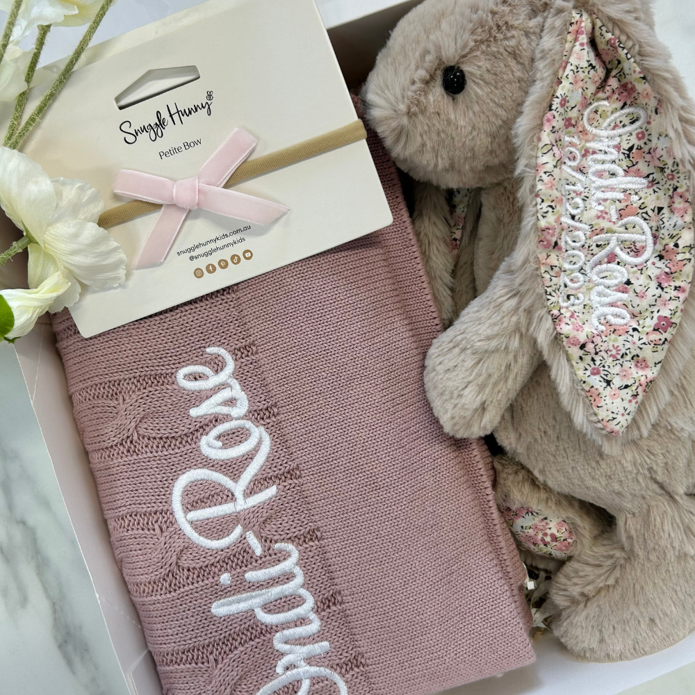 Personalised Bea Beige Blossom Jellycat Bunny & Mauve Cable Knit Blanket