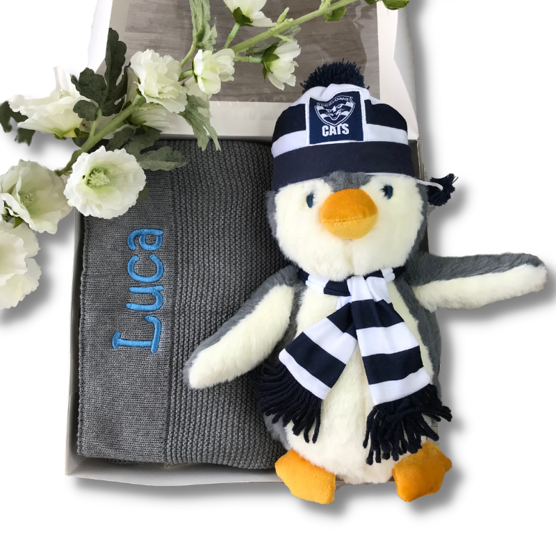 Personalised Newborn AFL Gift Set | Grey Blanket & Geelong Penguin