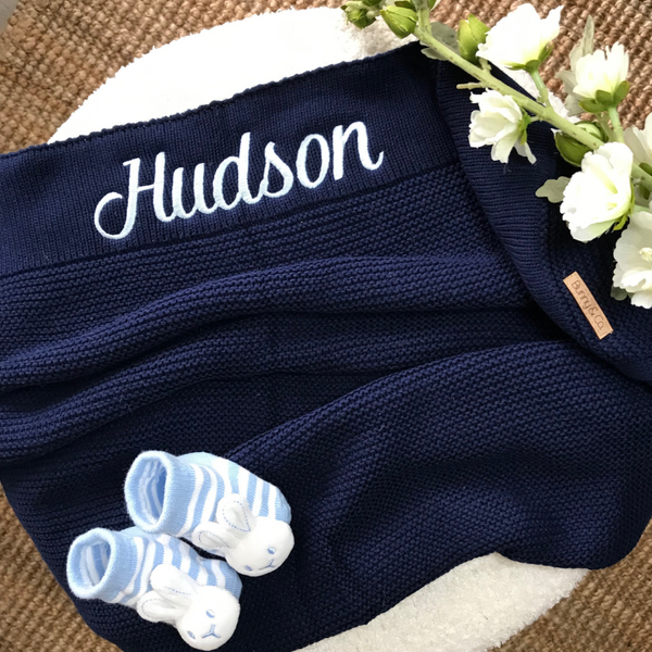Personalised 100% Cotton Knit Baby Blanket - Navy Blue